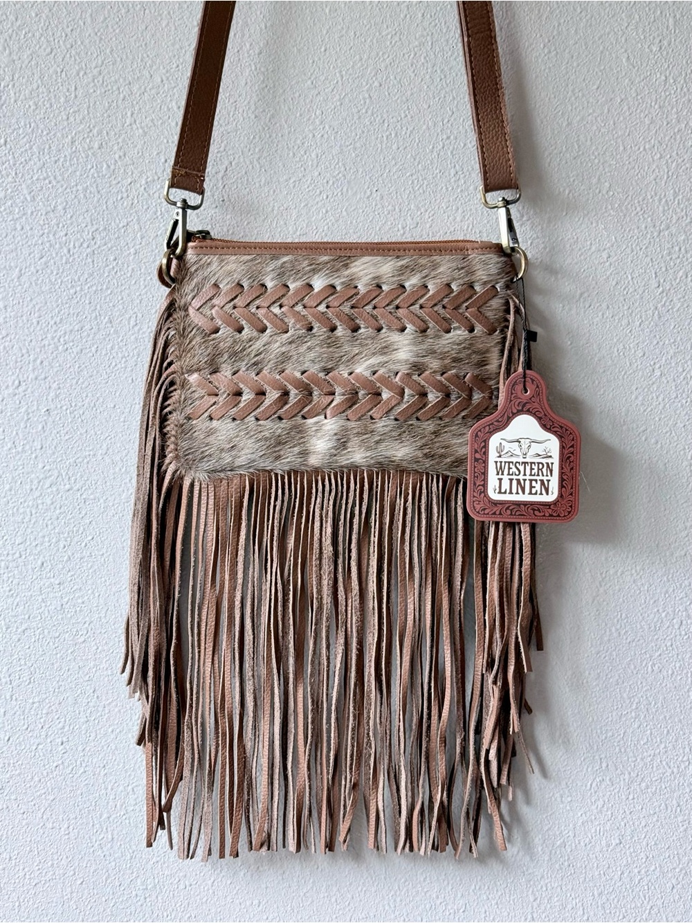 Western Brown Cowhide Fringe Crossbody Bag Hair on Hide Cowgirl Festival Leather